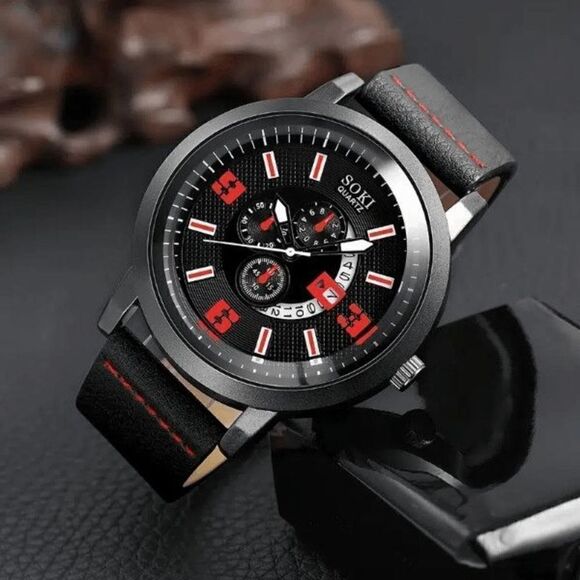 BLACK RED LEATHER QUARTZ STAINLESS STEEL WATCH AND LEATHER BRACELETS - Picture 2 of 3